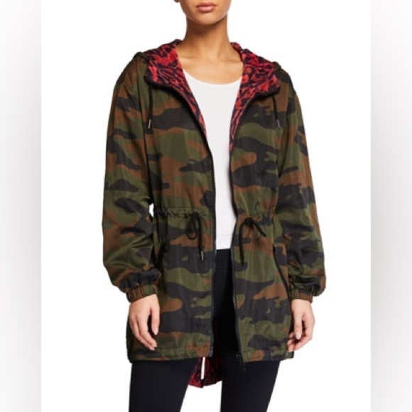 Pam & Gela Reversible Camo Print Hooded Parka Jacket Green Camo Pink Leopard M - Picture 1 of 14